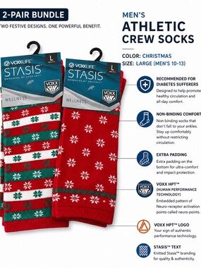 VoxxLife Stasis HPT Wellness Socks Non-binding Diabetic Lot of 2 Red Xmas NWT Lg